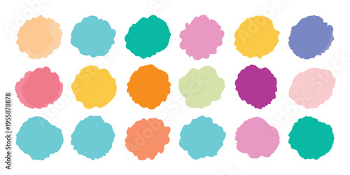 Eighteen solid, bright and irregular color blobs with crisp edges.