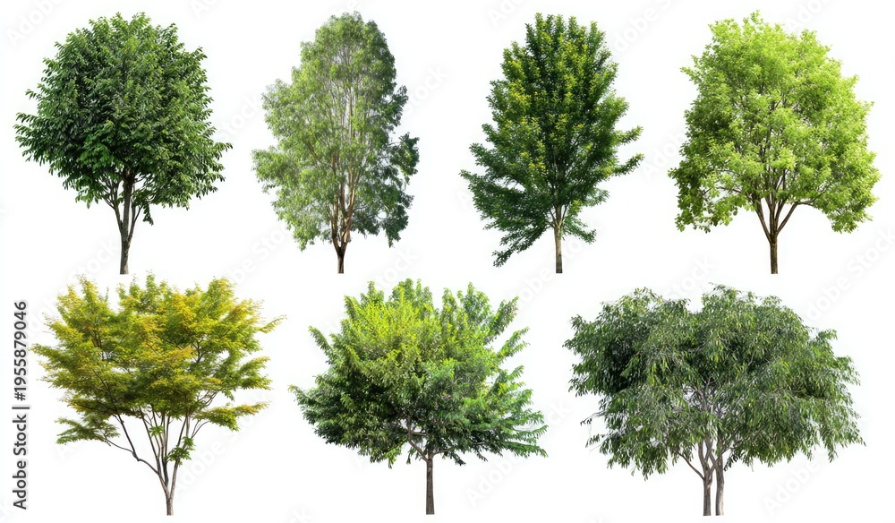 Fototapeta premium Diverse Collection of Trees with Lush Green Foliage on White Background.