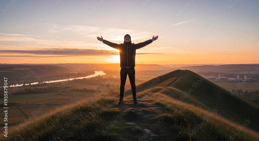 Fototapeta premium Man Standing on Mountain Peak with Arms Raised at Sunrise