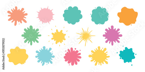 Playful cartoon paint splatters and starburst shapes in bright colors.