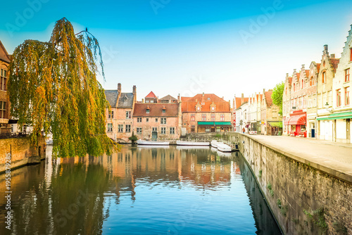 colorful canal street in historical old town, Bruges, Belgium