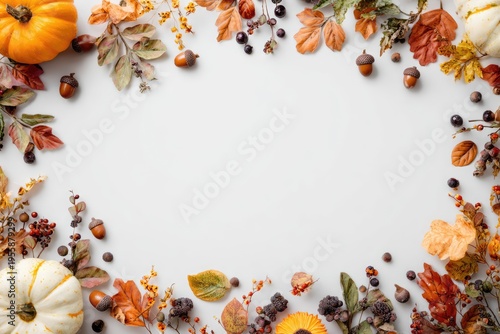 Autumnal Frame with Pumpkins, Leaves, and Berries for Thanksgiving.