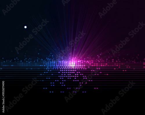 Digital horizon Purple and blue lights shine above a grid against a black background
