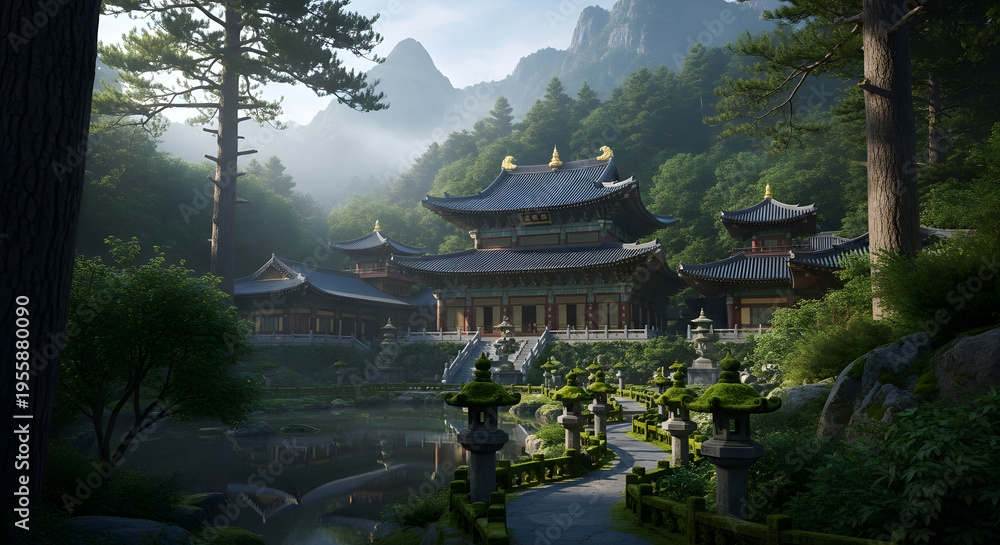 Obraz premium Misty Traditional Asian Temple in Serene Mountain Forest at Dawn
