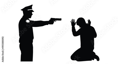 Police officer aiming a gun at a kneeling suspect dramatic silhouette