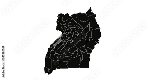 Map of Uganda with highlighted districts, showing administrative divisions and borders