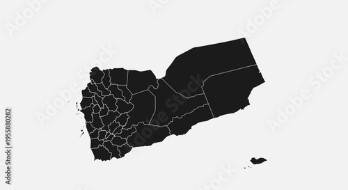 Map of Yemen with administrative divisions, black silhouette on white background