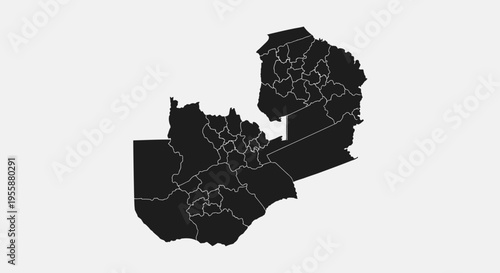 Map of Zambia with Internal Borders, Black Silhouette on White Background
