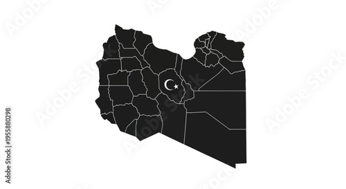 Map of Libya with internal divisions and crescent moon and star emblem