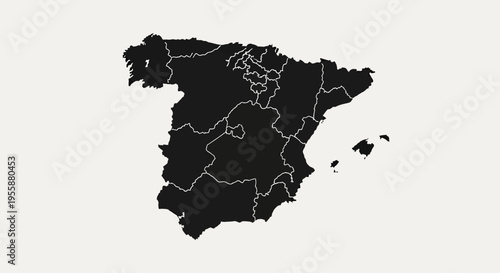 Map of Spain with internal borders, black silhouette on a light background
