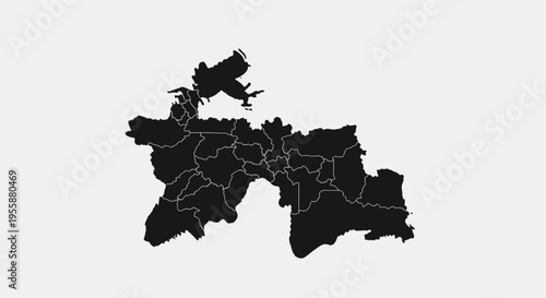 Map of Tajikistan, Central Asia, Political Borders, Silhouette, Black and White