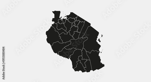 Map of Tanzania with internal regions highlighted, black silhouette on a light gray background