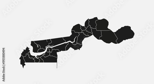 Map of The Gambia with administrative divisions and River Gambia, black silhouette on white background