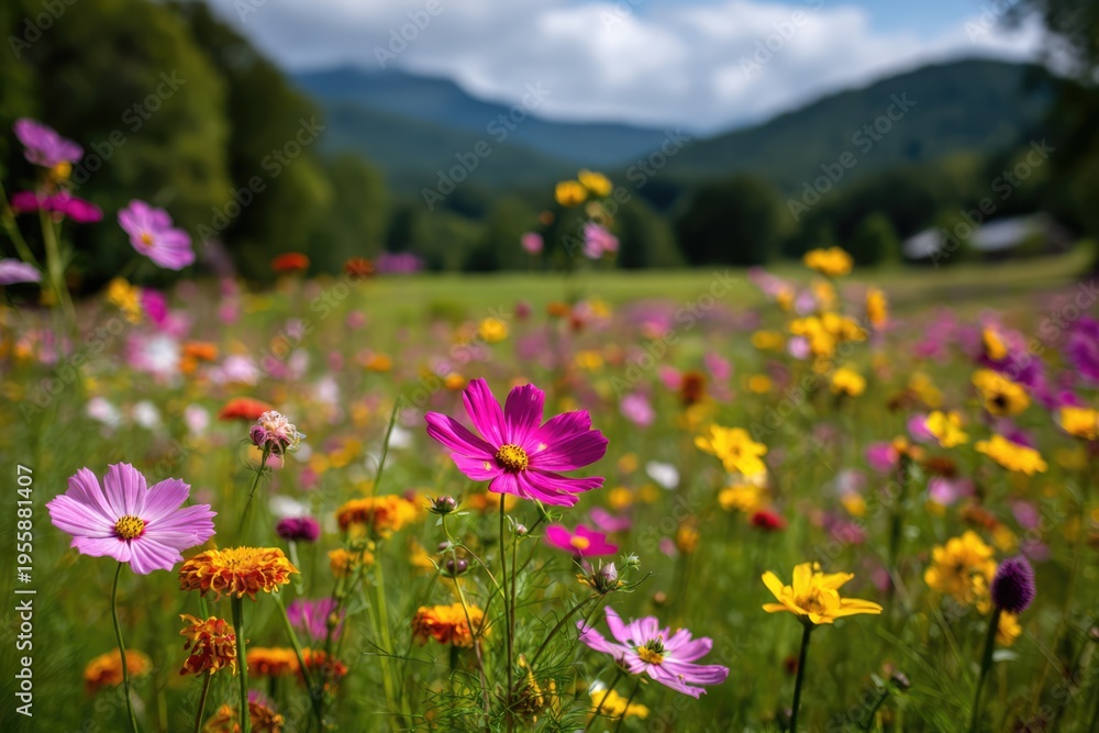 Obraz premium Vibrant wildflower meadow with mountains in the background under cloudy sky.