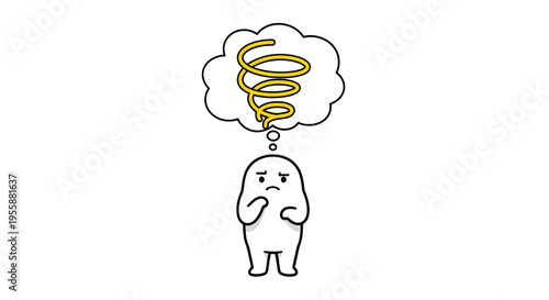 A cartoon character with a puzzled expression and a thought bubble containing a spiral.