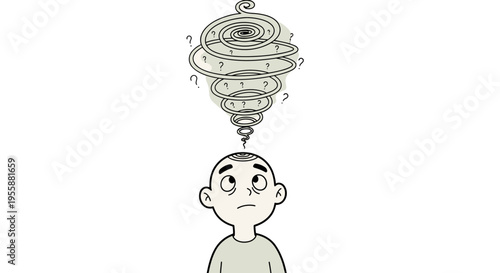 cartoon man with swirling thoughts above head.