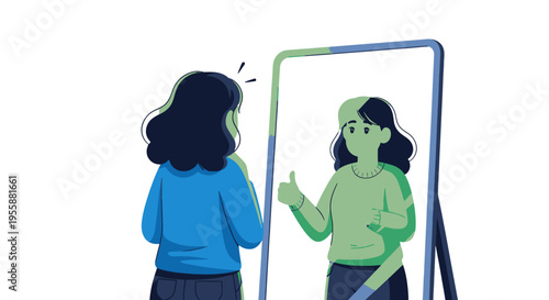 Woman looking at her reflection in mirror.