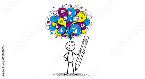 Stick figure with colorful thought bubbles.