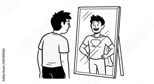 Man looking at his reflection in mirror.