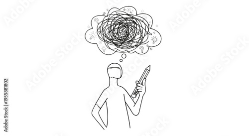 Person thinking with confused thoughts.