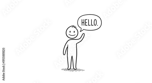 Stick figure waving and saying hello.