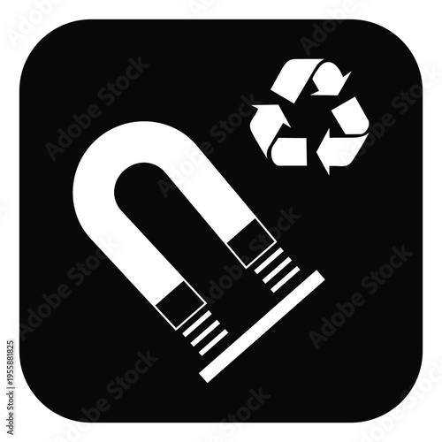 Recycling Magnetic Steel Icon Black Glyph with Magnet and Recycle Symbol Minimal Vector Illustration