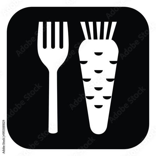Vegetarian Food Icon with Fork and Carrot Black Glyph Symbol Minimal Vector Illustration
