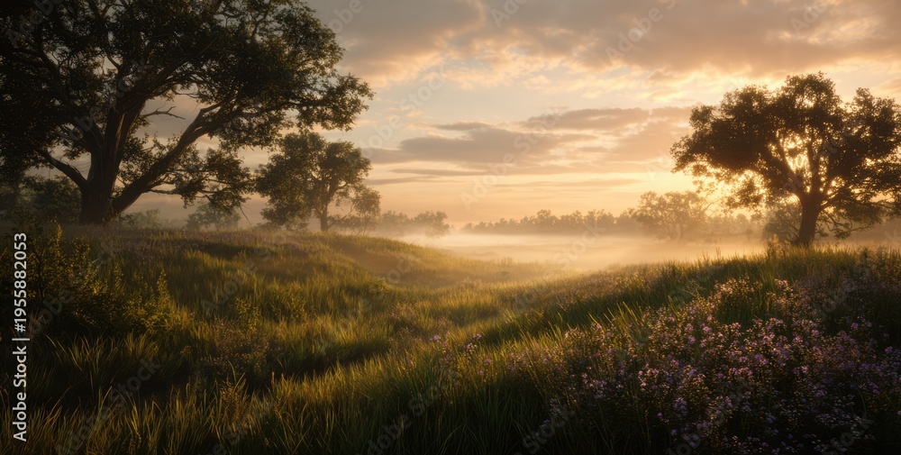 Fototapeta premium Golden Sunrise Illuminates a Misty Meadow Landscape with Trees.