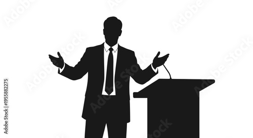 Silhouette of a man in a suit giving a speech at a podium with a microphone