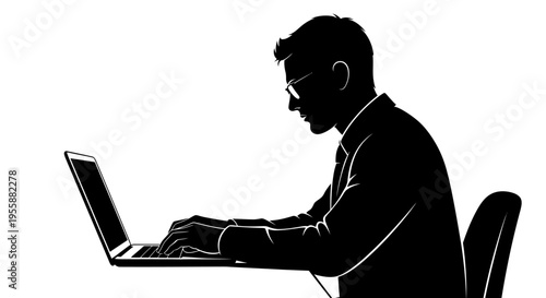 Silhouette of a man in glasses working on a laptop, focused on his task, black and white