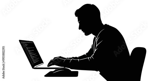 Silhouette of a man typing on a laptop computer, focused on work, coding, or studying