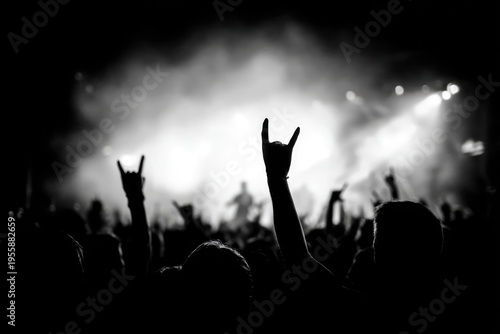 Energetic crowd at a rock concert with devil horn hand gestures.