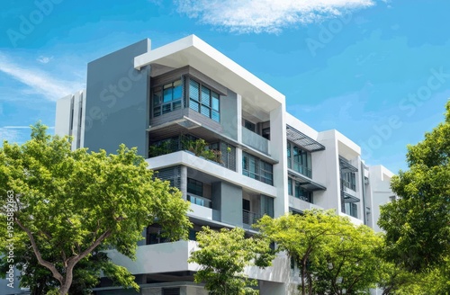 Modern apartment building exterior with blue sky and green trees.
