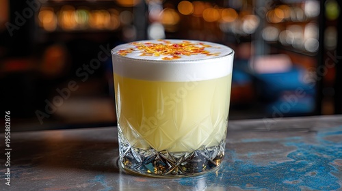 Frothy yellow cocktail with spiced topping rests on a textured bar surface in dim lighting.