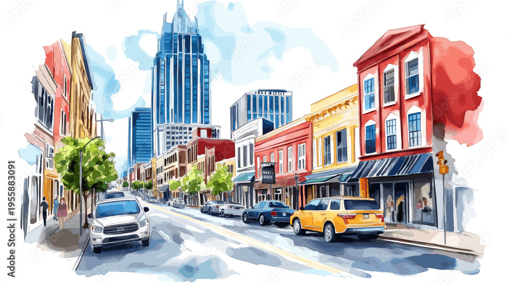 Obraz premium Nashville's Broadway and Music Row. Nashville's Broadway and Music Row hand drawn watercolor illustration
