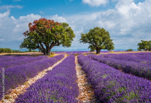 Lavender field in Provence, France with trees and blue sky.