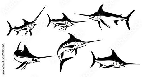 Set of Marlin Fish Silhouettes, Swordfish, Billfish, Ocean Predators, Vector Illustration