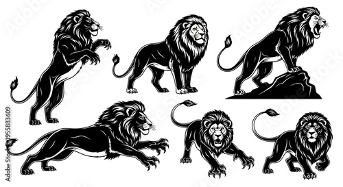 Set of Lion Silhouettes in Dynamic Poses, Vector Illustration