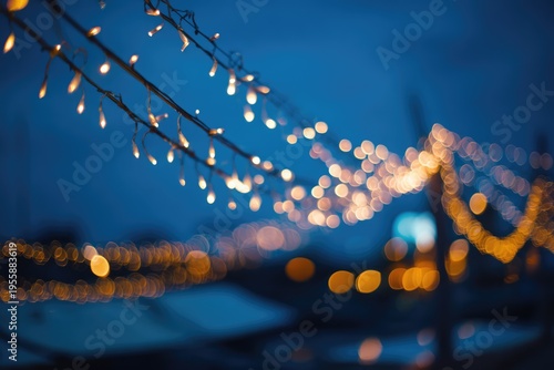 Blurred Christmas Lights Against a Dark Blue Sky.