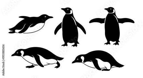 Set of Penguin Silhouettes in Various Poses - Swimming, Standing, Waddle, Flying