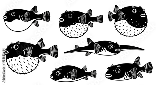 Set of Pufferfish Illustrations: Various Poses and Styles