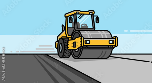 Yellow Road Roller Construction Vehicle Machine.