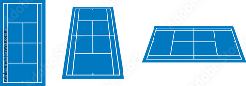 Minimal tennis court vector set in top and perspective views. Clean flat design ideal for sports layouts, UI, infographic, and architectural planning.