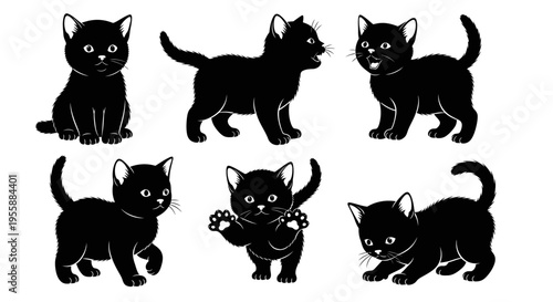 Set of Six Adorable Black Kittens Poses, Playful and Cute Domestic Cats Illustrations