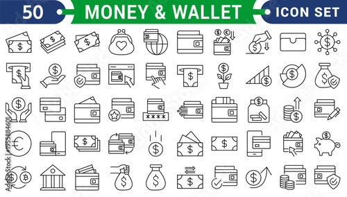 Money and Wallet set of web icons in line style. A collection of linear icons representing wallet concepts, including cash, credit cards, digital wallet, money, security, payment, mobile wallet.