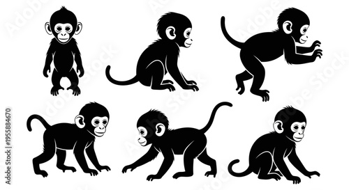 Set of Silhouettes of Playful Monkeys in Various Poses, Black and White Vector Art