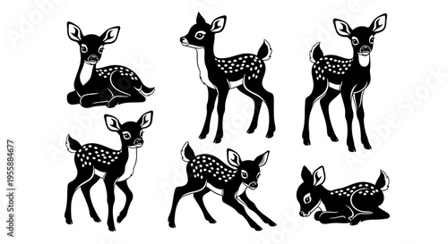 Set of Six Adorable Baby Deer Silhouettes, Whitetail Fawn Illustrations, Woodland Creatures