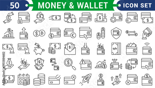 Money and Wallet set of web icons in line style. A collection of linear icons representing wallet concepts, including cash, credit cards, digital wallet, money, security, payment, mobile wallet.