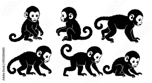Set of Six Adorable Baby Monkeys in Various Poses, Black and White Illustration