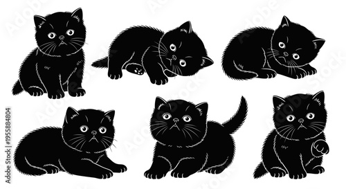 Set of Six Adorable Black Kittens in Various Poses